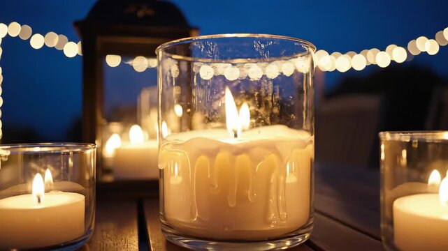 Evening outdoor patio table with glowing candles and string lights at dusk