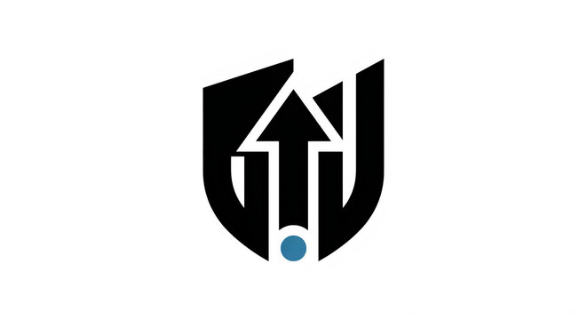 Abstract shield logo design featuring a bold black arrow pointing up and a small blue circle element representing growth success strategy leadership and professional corporate brand identity graphic s