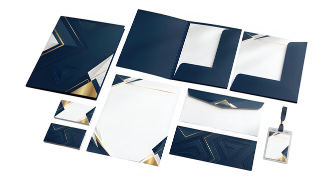 Corporate stationery branding set with dark blue and gold elegant geometric corner design elements on white paper documents business cards and envelopes for professional company identity presentation