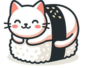 Cute kawaii white cat sitting on top of sushi roll vector illustration with japanese character isolated background illustration creative merchandise whimsical delicacy © Ziz_Design