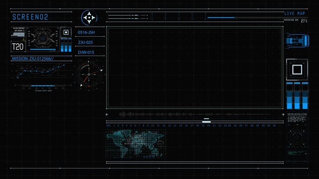 Advanced futuristic HUD (Heads-Up Display) interface featuring animated control panels, digital data visualization, holographic elements, and high-tech user interaction. Ideal for sci-fi technology, c