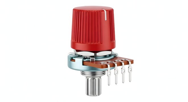 Red rotary potentiometer with ribbed knob against white background.