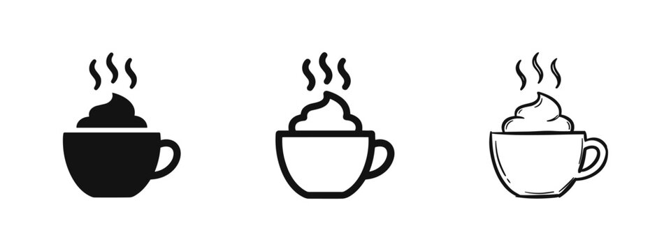 Hot Coffee Cup with Cream Icon Set - Cappuccino or Latte Symbol in Solid, Outline, and Hand-Drawn Styles