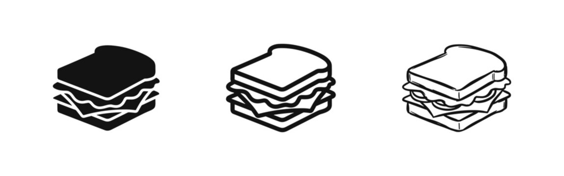 Sandwich Icon Set - Fast Food and Lunch Symbol in Solid, Outline, and Hand-Drawn Styles