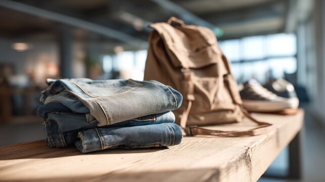 Stacked blue jeans, backpack, and sneakers on a wooden table. Brightly lit with an office setting
