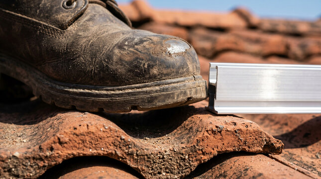 Work boot beside aluminum rail on clay tile roof during installation