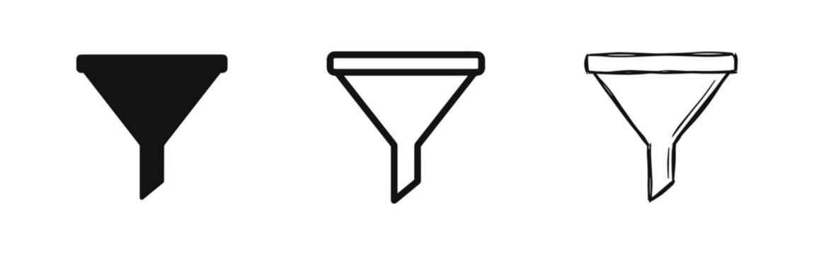 Funnel Icon Set - Filtering, Processing, and Conversion Marketing Symbols in Solid, Outline, and Sketch Styles