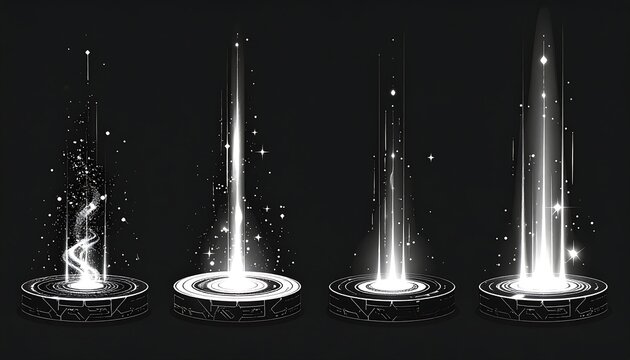 Futuristic Energy Beams: A set of four distinct glowing energy pillars erupt from circular platforms, emitting ethereal light and particle effects against a dark, minimalist background.