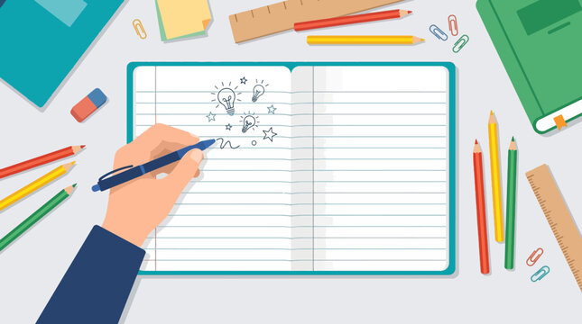 International Left Handers Day Flat Vector Illustration With Left Hand Writing In Blank Notebook Top View School Desk Copy Space