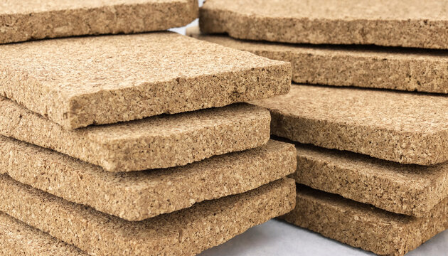 Stack of pressed cork boards showing side profile and rough granular texture with eco friendly insulation material construction building sustainable ecological industrial granulated