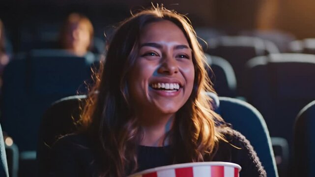 Cheerful young woman enjoys a funny movie in a darkened theater with a popcorn bucket, laughing out loud during the show