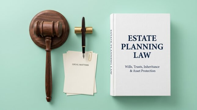 Estate planning law book with judge gavel and fountain pen, legal documents for wills and trusts, inheritance and asset protection concept
