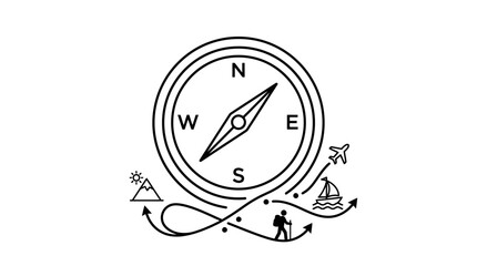 Adventure travel icon featuring a compass and mountain peaks. © kimyoshuatan
