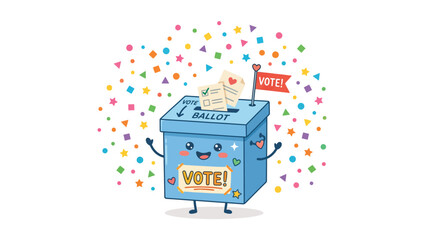 Cute ballot box character with colorful confetti celebration.