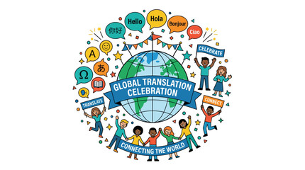 Global translation celebration circle with international flags and languages. © kimyoshuatan