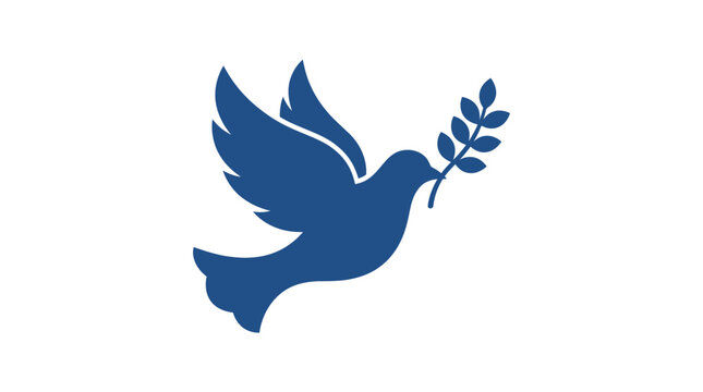 Minimalist blue dove silhouette carrying an olive branch.