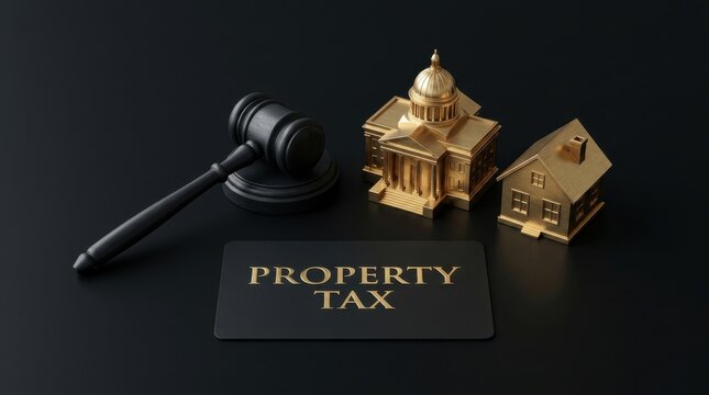 Property tax concept with golden house and government building models, judge gavel on black background, real estate law and taxation legislation