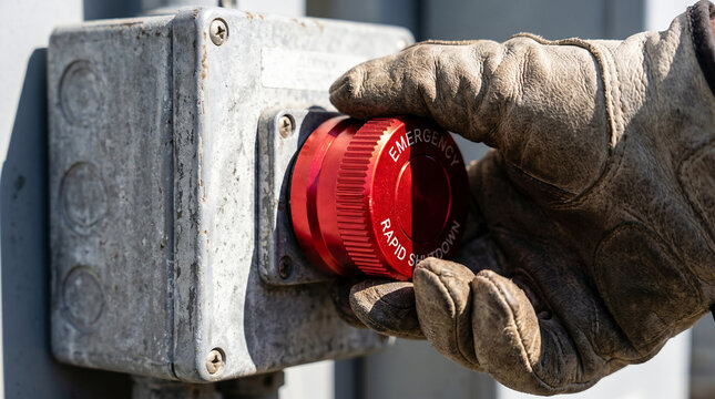 Gloved hand pressing emergency shutdown button on outdoor control box