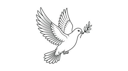 Fototapeta premium Flying dove carrying olive branch peace line art illustration.