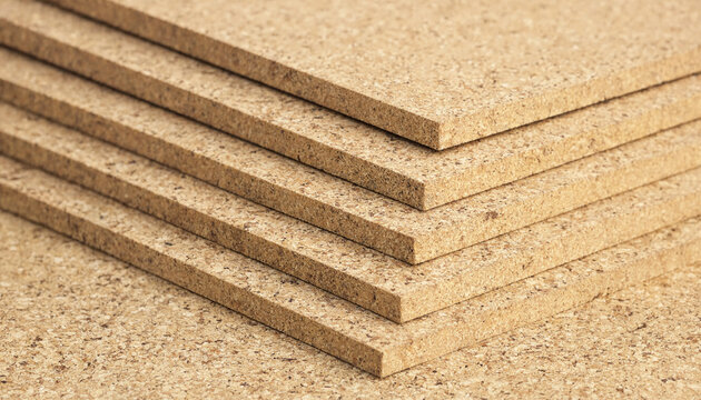 Side angle of stacked compressed cork panels showing granular surface texture with eco friendly insulation material construction building sustainable acoustic renovation interior