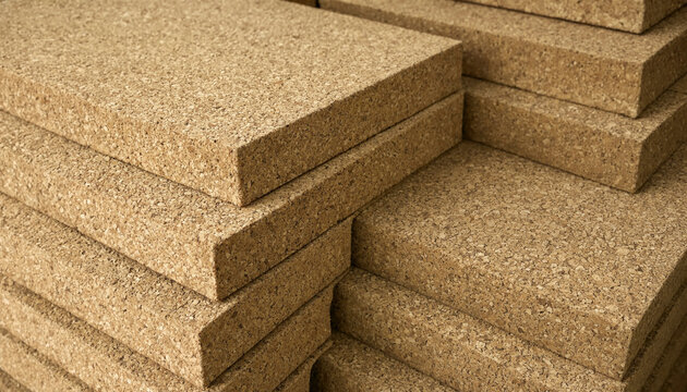 Close-up of stacked recycled cork insulation boards showing porous material detail with eco friendly insulation material construction building sustainable acoustic renovation interior