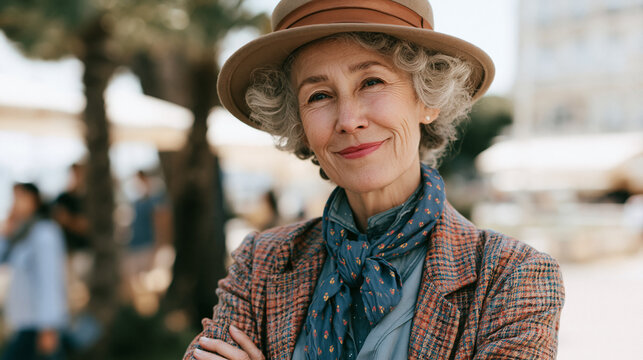 a old beautiful smiling American woman posing summer suits outdoors on a sunny day
