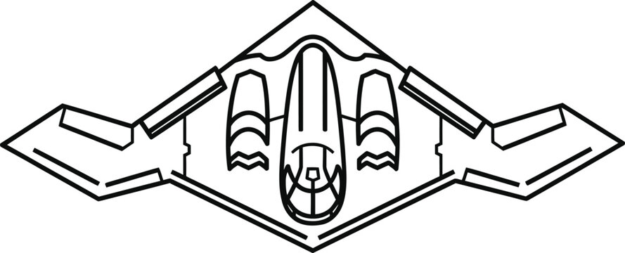 Black line of a stealth fighter jet, front view, with pointed wings and cockpit details line black and white