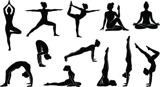 Yoga Poses Silhouette Collection Black And White Vector Illustration