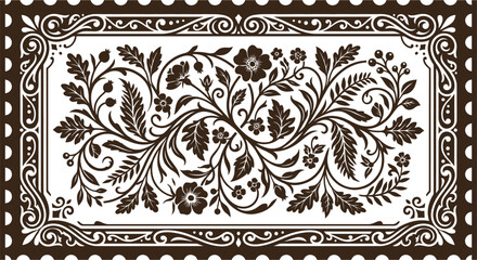 Floral ornament with swirling vines and blossoms brown on white background © Md Shifat
