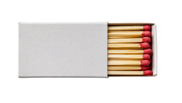 Isolated partially open safety matchbox showing many wooden matchsticks with red tips