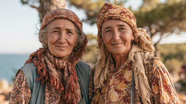 a old beautiful smiling Anatolian women posing summer suits outdoors on a sunny day