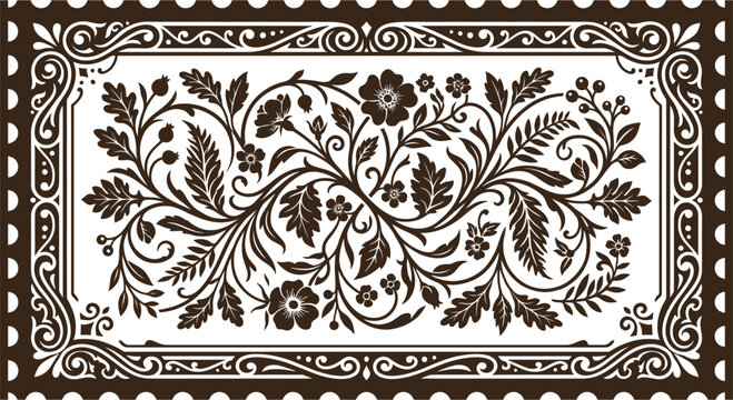 Floral ornament with swirling vines and blossoms brown on white background