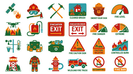 Naklejka premium Wildfire Prevention Safety Icons for Firefighting and Awareness