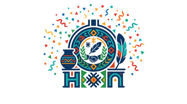 Colorful Hispanic Heritage Month emblem with traditional folk patterns.