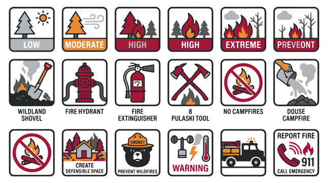 Wildfire Prevention Safety Icons Set Fire Danger and Response