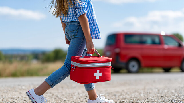 Anonymous young girl rushing to provide first aid to a car accident victim in a rural setting while looking for help, emergency response concept, faceless, defocused countryside