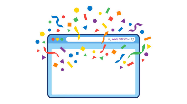 Browser window with exploding colorful party confetti.