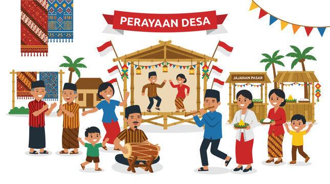 Indonesian village festival celebration with traditional dancers.