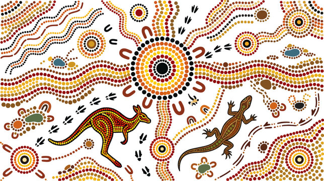 Aboriginal dot painting style art with kangaroo and lizard.