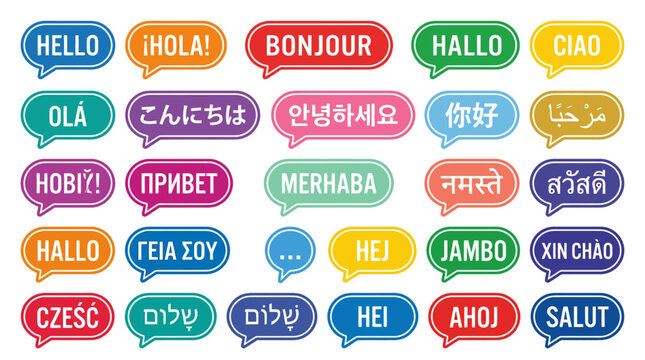 Colorful speech bubbles with hello in many different languages.