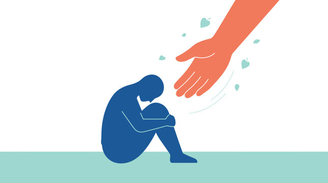 Helping hand reaching out to a depressed person sitting alone.