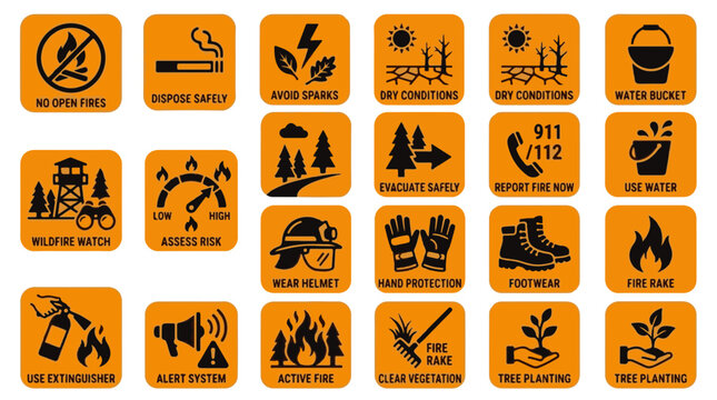 Wildfire Prevention Safety Icons Collection for Fire Awareness and Safety