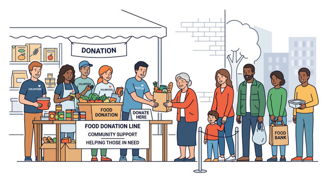 Community food donation event with volunteers and people queuing.