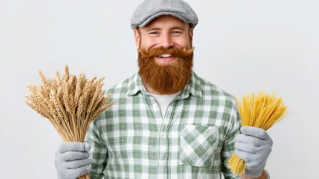 Static shot of bearded man holding bundle of wheat and uncooked spaghetti smiling in studio with neutral background