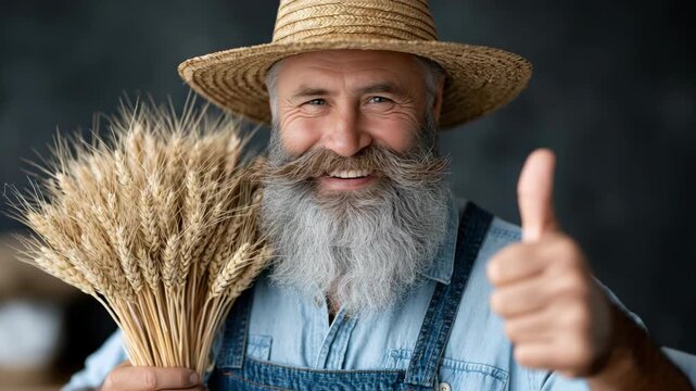 Tracking shot of farmer with wheat giving thumbs up inside rustic barn farmhouse close up portrait with straw hat and denim overalls