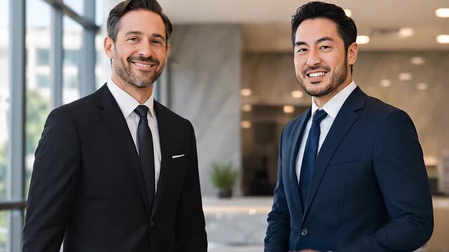 Two professional businessmen in tailored suits smile warmly while shaking hands in a bright, modern corporate lobby. Successful business meeting, agreement and partnership concept