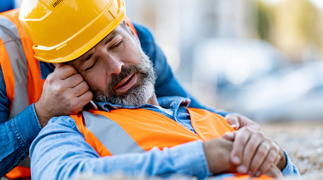 Anonymous colleague providing first aid to an unconscious worker after an accident while calling for an ambulance, occupational safety and workplace health concept, faceless,