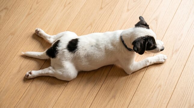 Cute Puppy Relaxing in Sploot Pose on Wooden Floor - Adorable pet portrait featuring a relaxed puppy lying flat in a sploot position on a wooden floor.