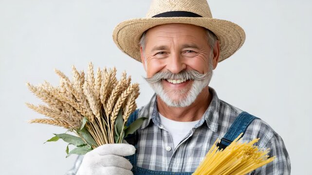 Static shot of farmer smiling while holding wheat and pasta in studio with neutral background and rustic props