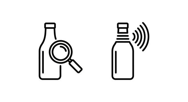 Bottle inspection and bottleneck detection icon set with bottleneck inspection detection magnifier scanning production manufacturing industrial analysis monitoring technology